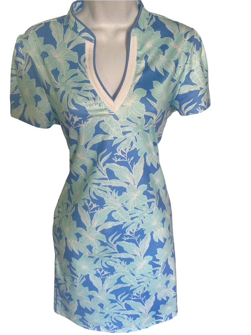 Izod Blue Floral V‑Neck Performance Dress Mint Accents-S